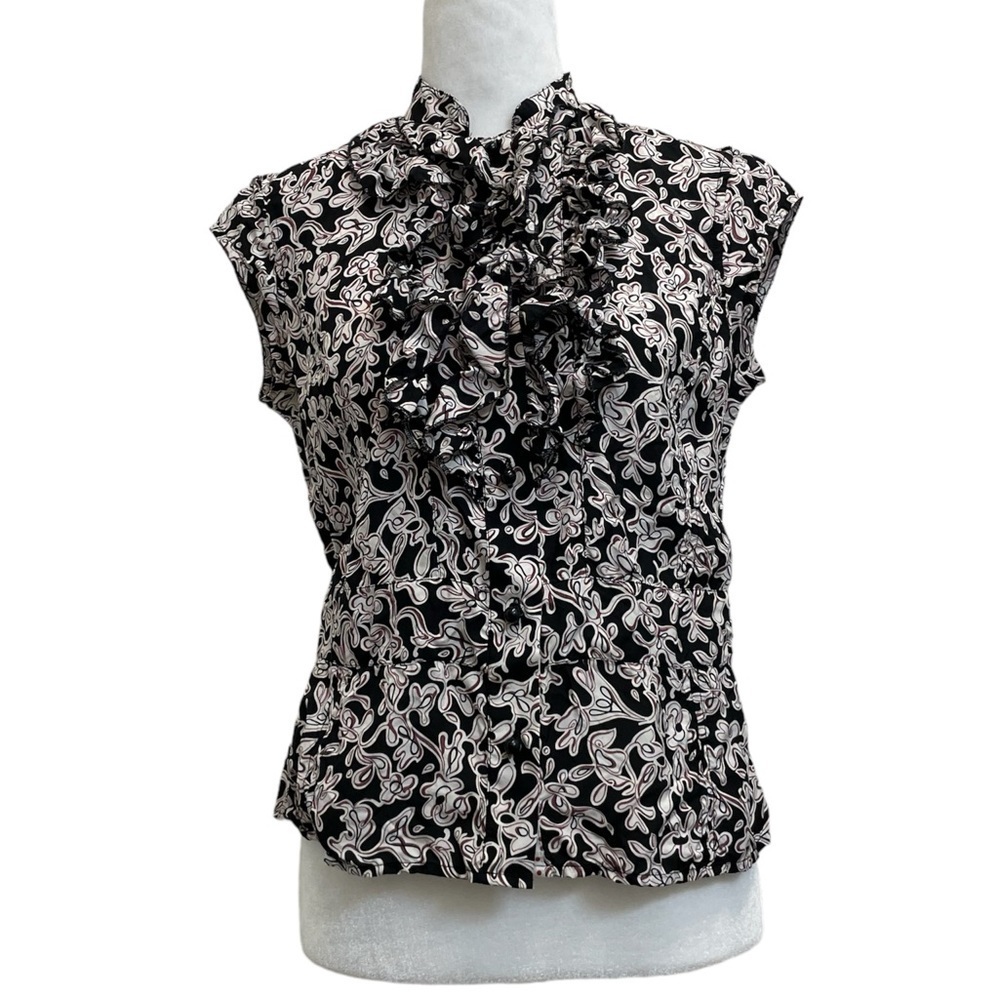 Robert Graham 100% Silk Black & Red Printed Ruffle Neck Sleeveless Blouse